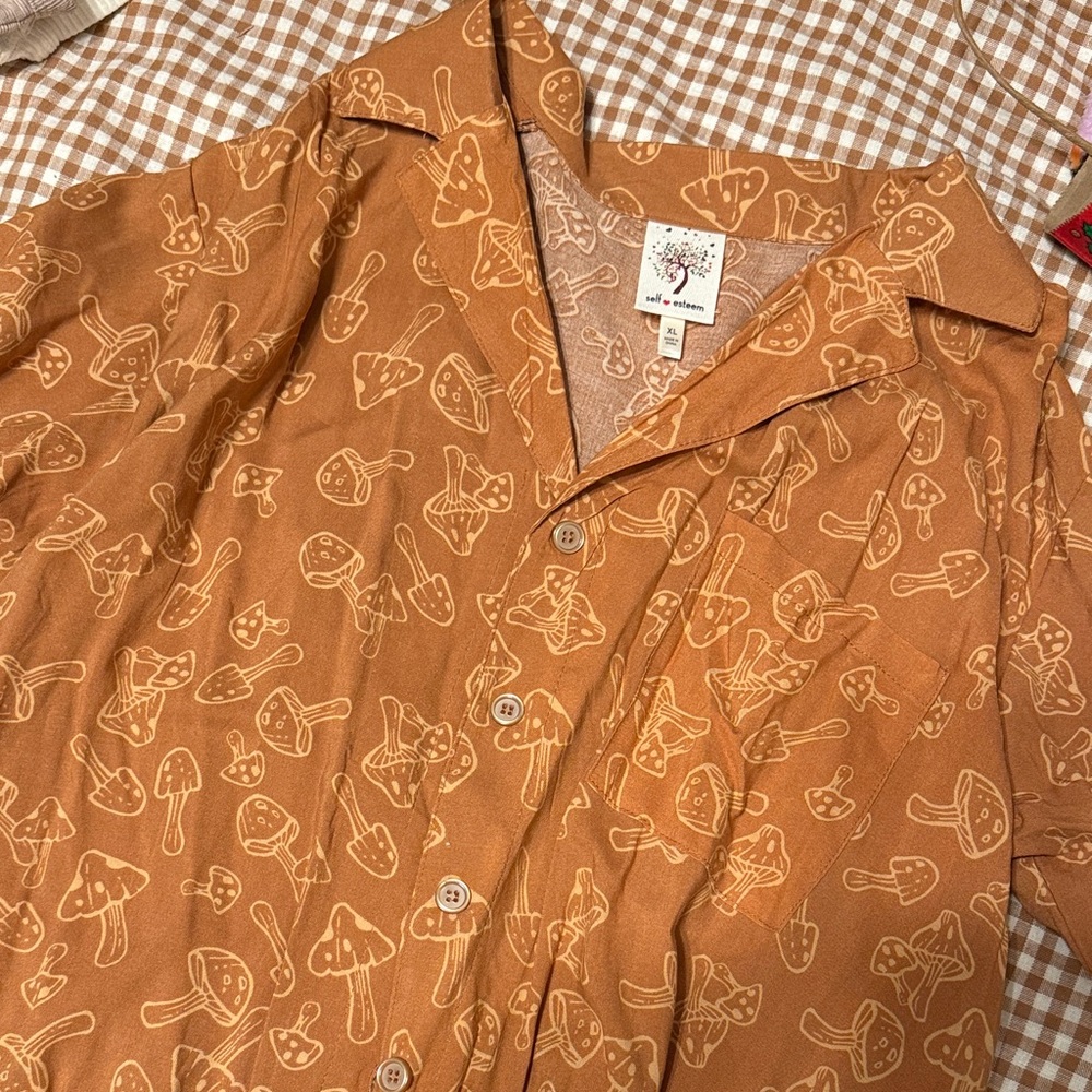 Women's Mushroom Print Button Down Shirt - Brown